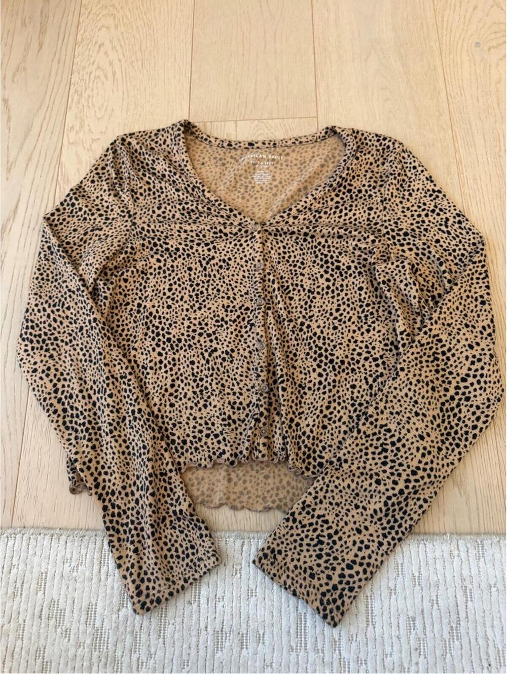 American Eagle Outfitters Tan and Black Leopard-Print Long Sleeve V-Neck Top